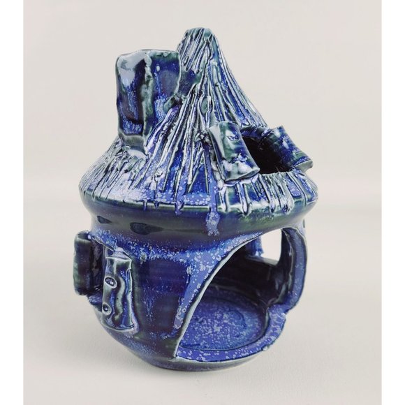 Cobalt Blue Glazed Art Pottery Fairy Cottage Tealight Candle Holder Artist Marke - Picture 14 of 14